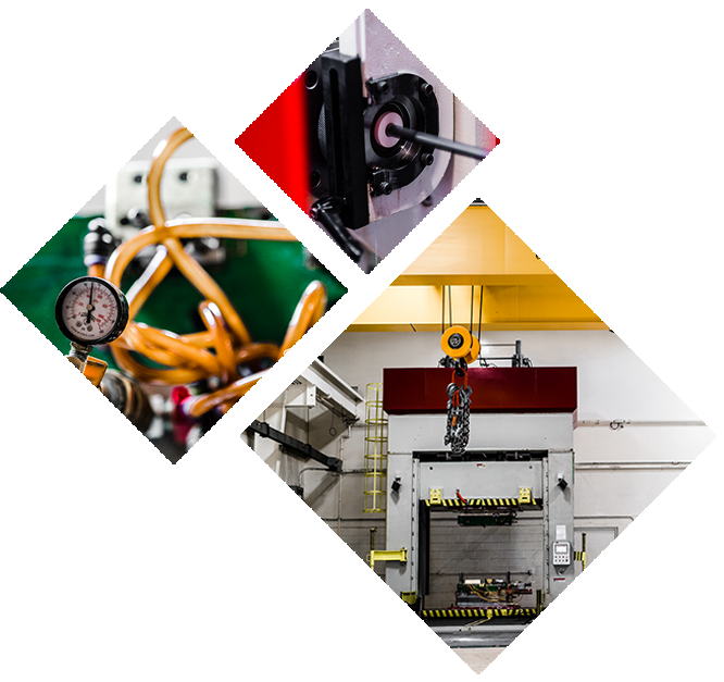 3 diamond shaped images of industrial machines